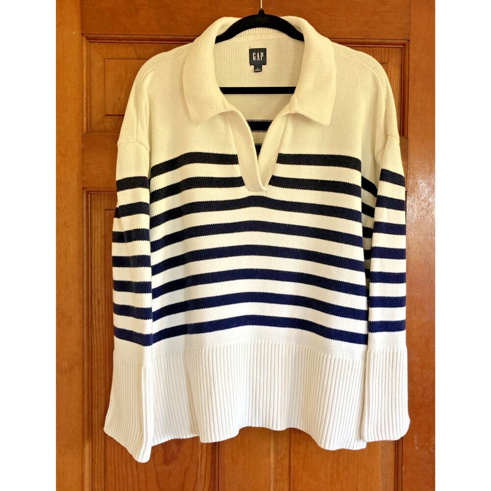 GAP Womens L White Navy Striped 24/7 Cotton Collared V-Neck Pullover‎ Sweater